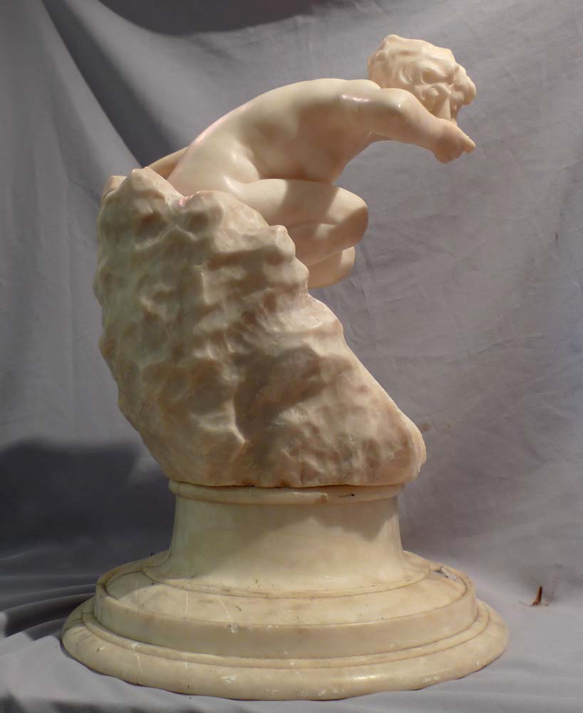 Art Nouveau marble sculpture of a nymph drinking from a dish.