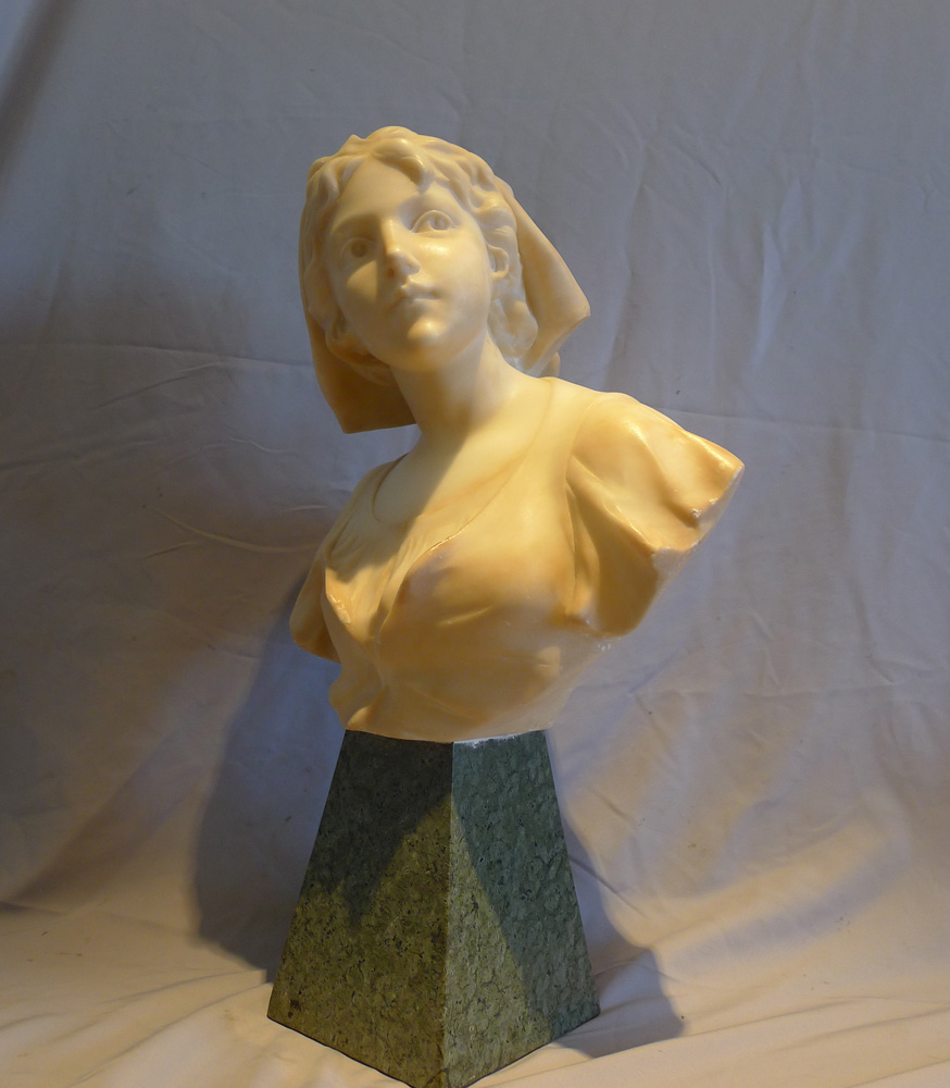 Attractive French early 20th century alabaster and marble bust of a young woman.