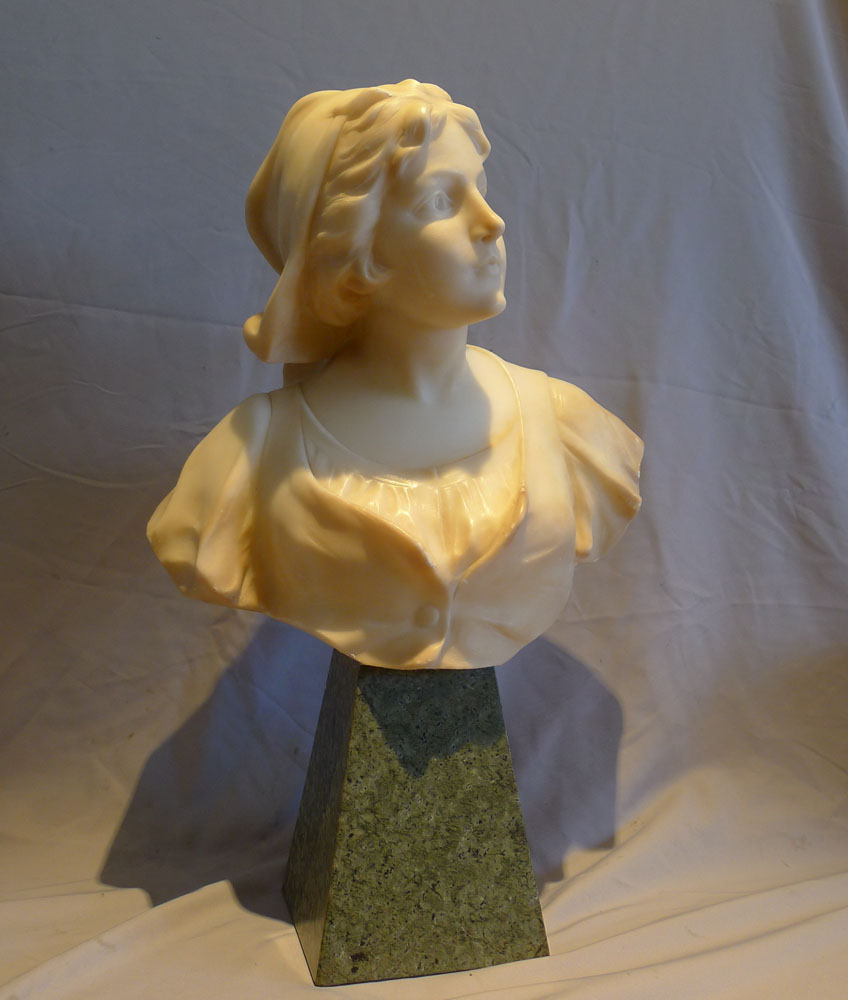 Attractive French early 20th century alabaster and marble bust of a young woman.