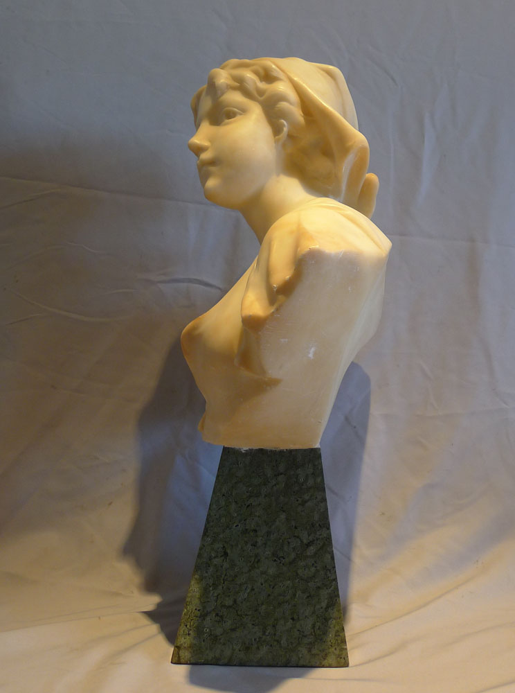 Attractive French early 20th century alabaster and marble bust of a young woman.