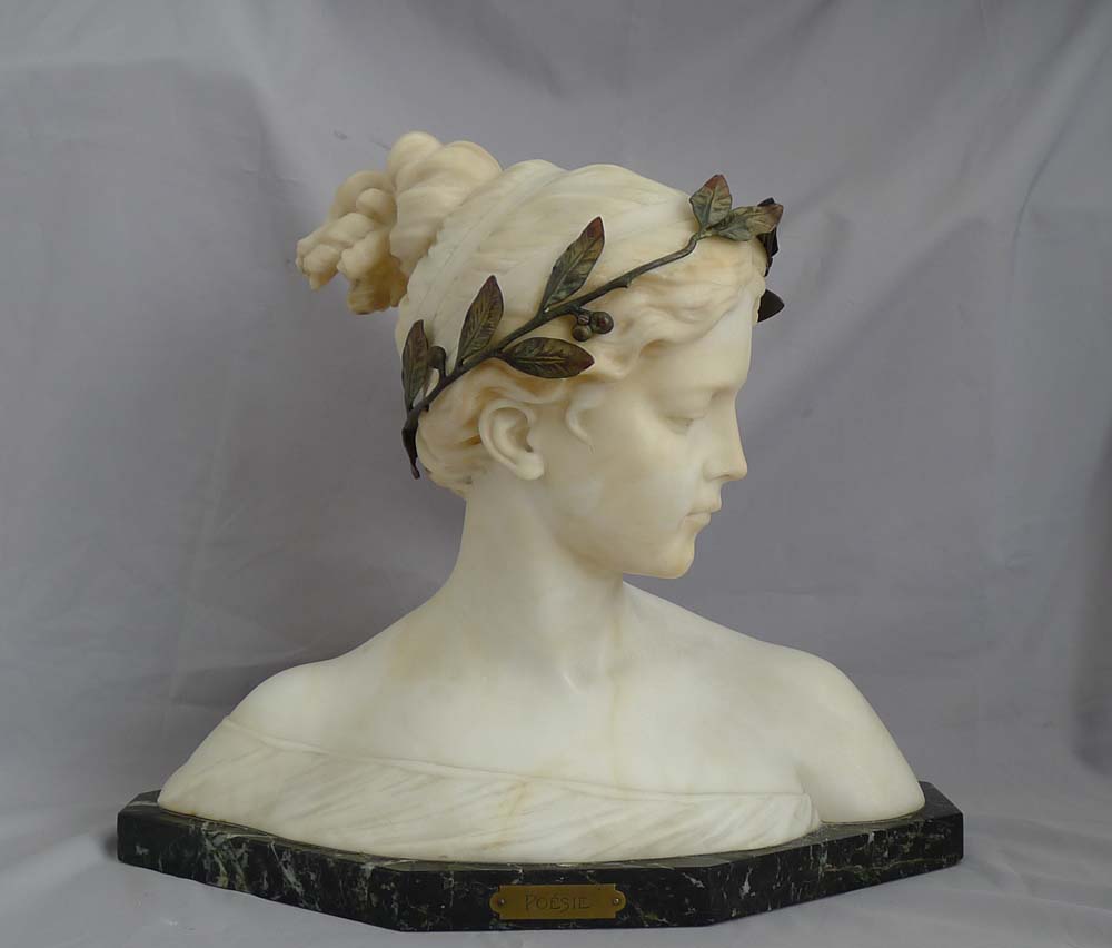Poesie, antique carved white marble and gilt bronze mounted bust by Prof. Antonio Garella.