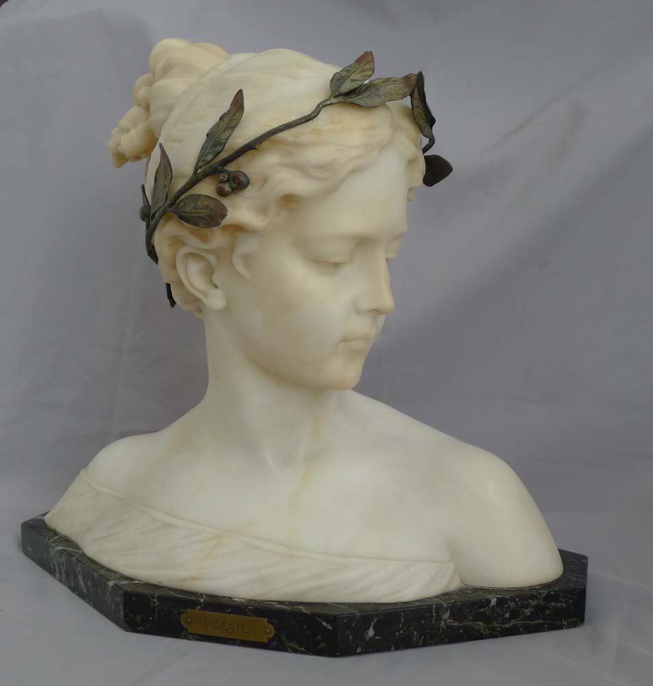 Poesie, antique carved white marble and gilt bronze mounted bust by Prof. Antonio Garella.