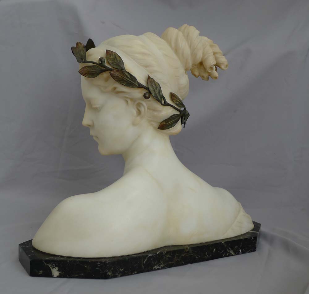 Poesie, antique carved white marble and gilt bronze mounted bust by Prof. Antonio Garella.