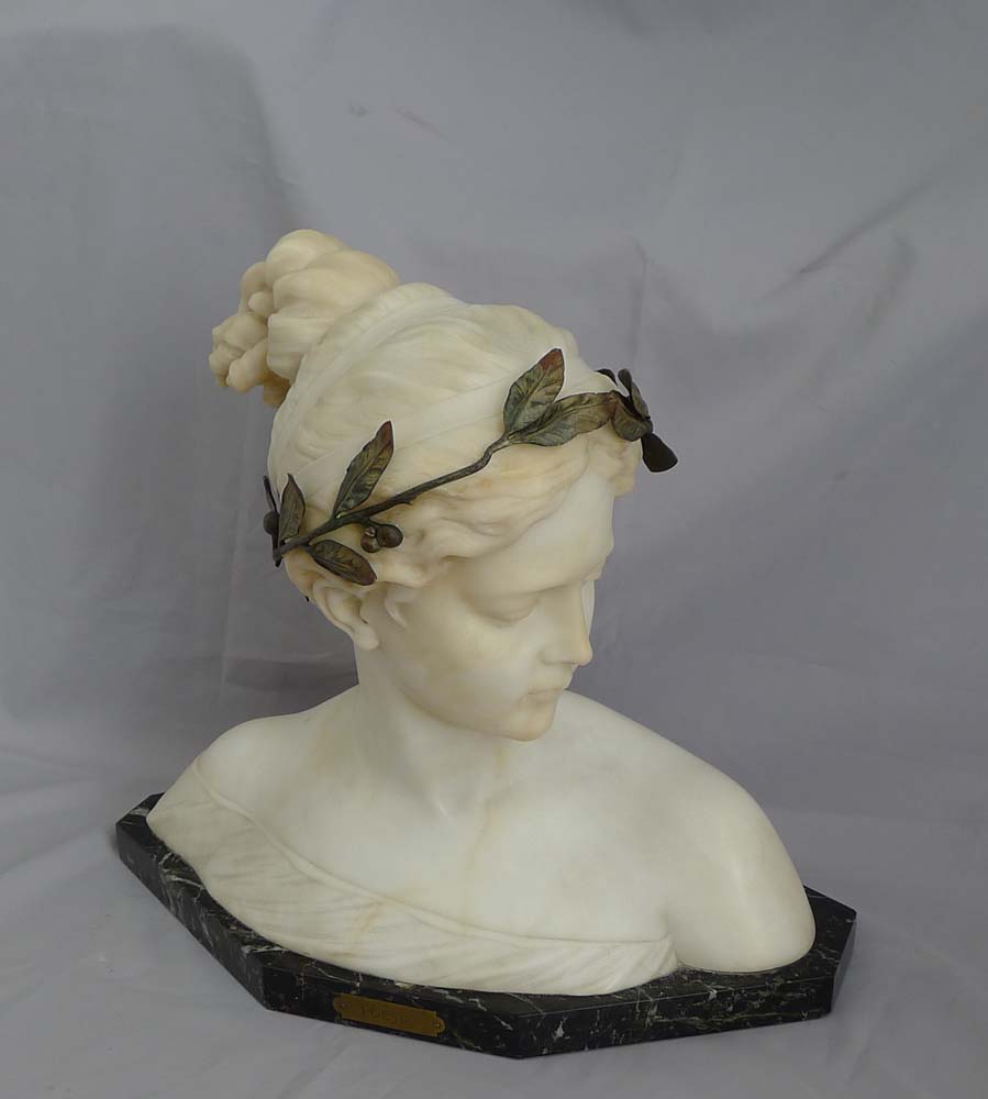 Poesie, antique carved white marble and gilt bronze mounted bust by Prof. Antonio Garella.