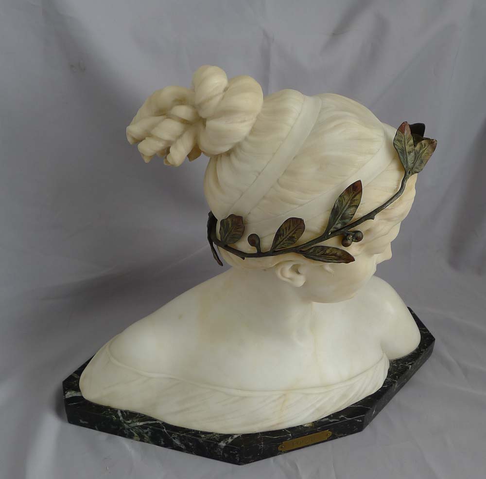 Poesie, antique carved white marble and gilt bronze mounted bust by Prof. Antonio Garella.