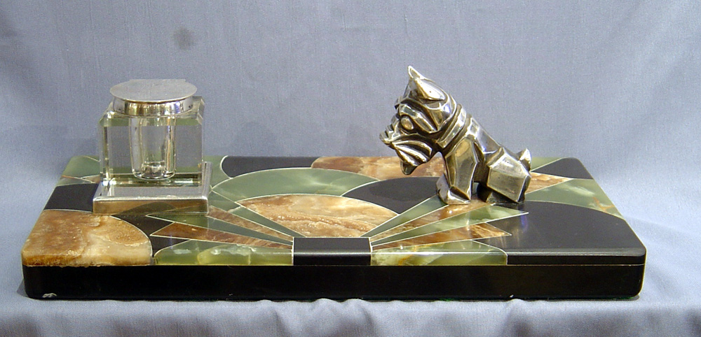 Superb chrome and bronze with decorated marble base art deco inkstand.