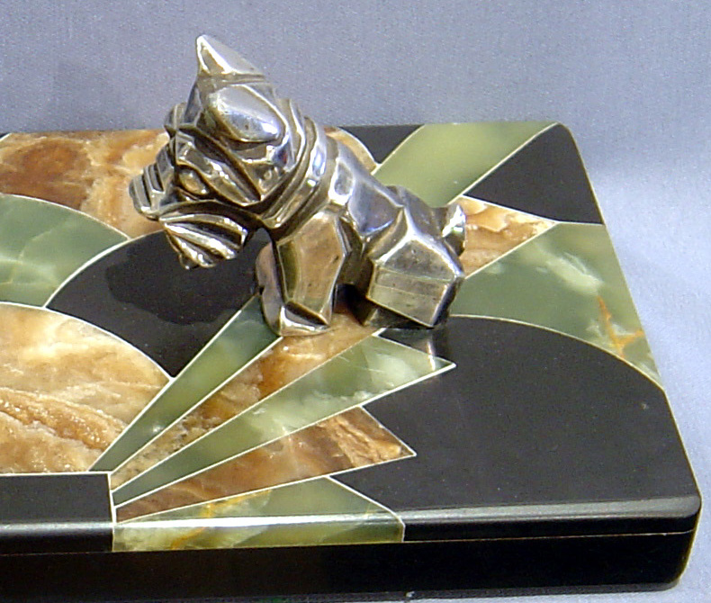Superb chrome and bronze with decorated marble base art deco inkstand.
