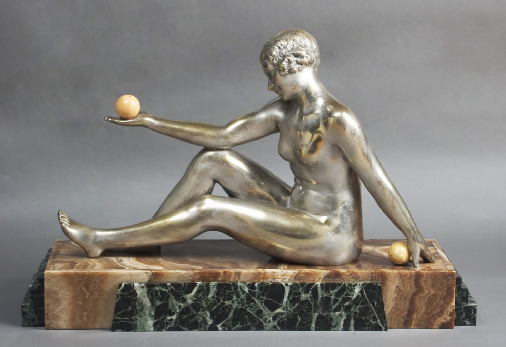 Art deco silvered bronze on fine marble base by Forestier.