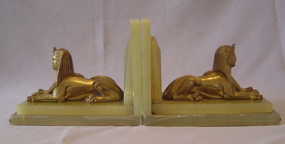 Pair of Art Deco Egyptian revival green onyx and gilt bronze Sphynx bookends.