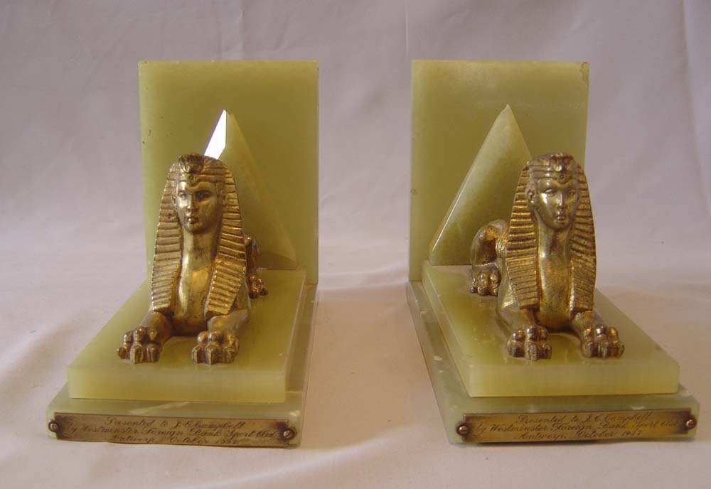 Pair of Art Deco Egyptian revival green onyx and gilt bronze Sphynx bookends.