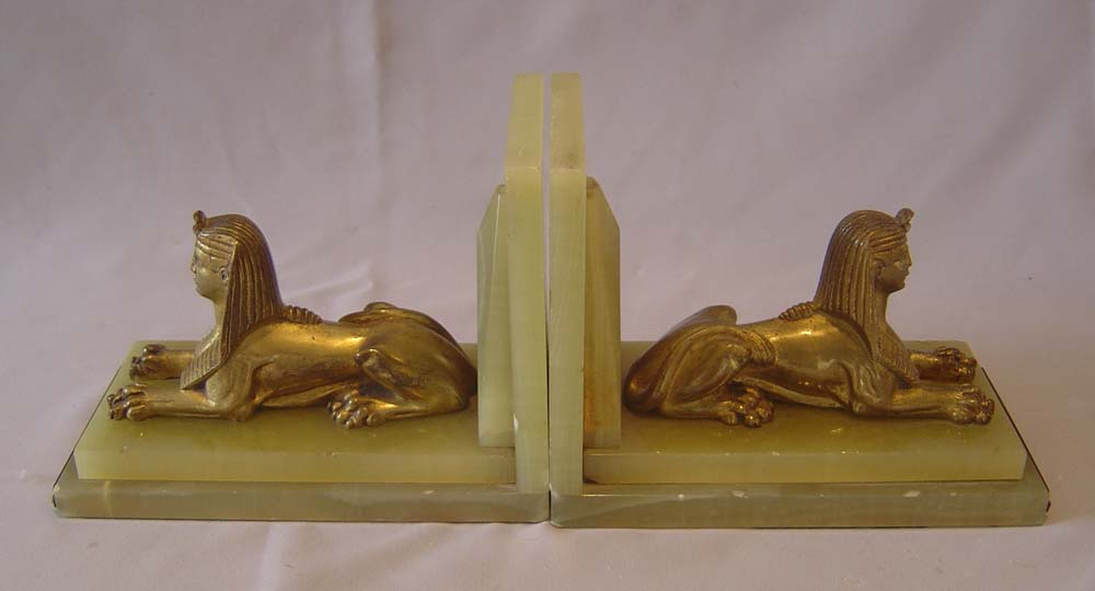 Pair of Art Deco Egyptian revival green onyx and gilt bronze Sphynx bookends.