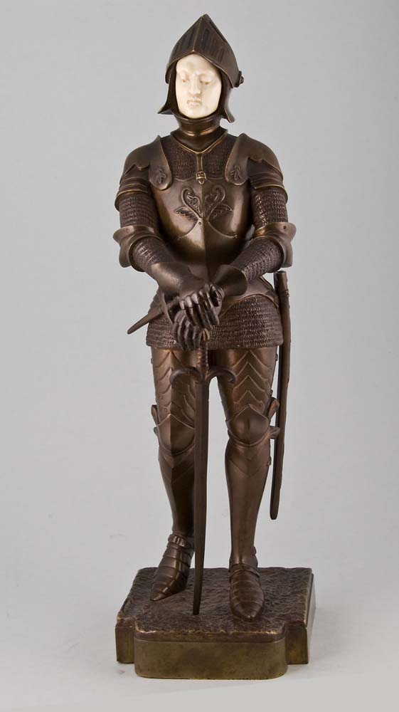 Art deco bronze and ivory knight in full armour.