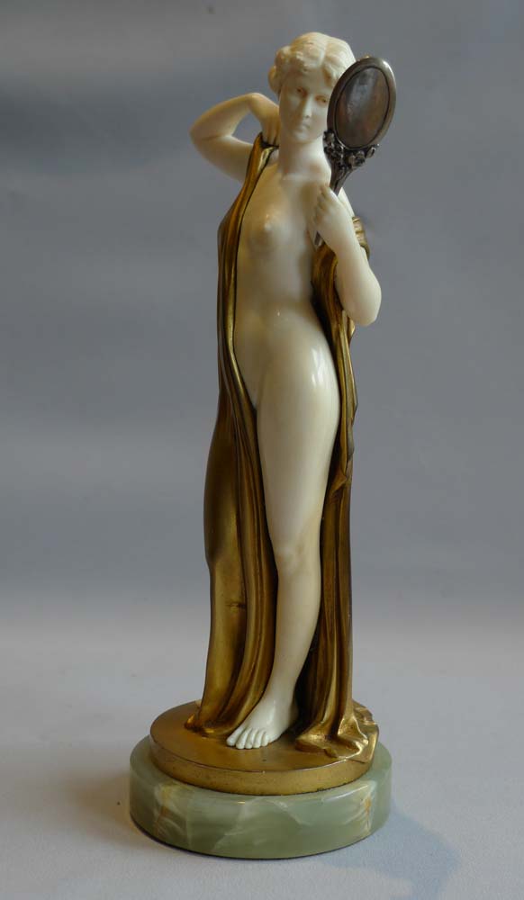 Ferdinand Preiss Art Deco bronze and ivory of Vanity with mirror.