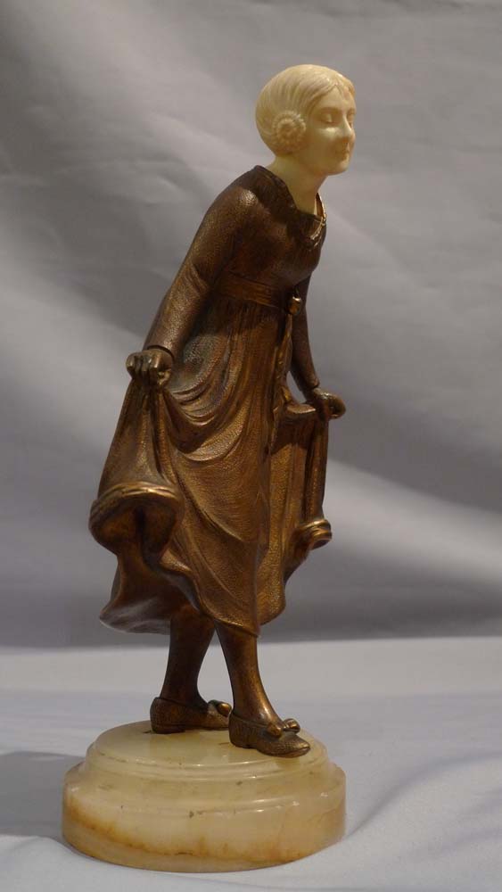 Art Deco Bronze and ivory Statuette, 'The Curtsy' by D. Alonzo for Etling.