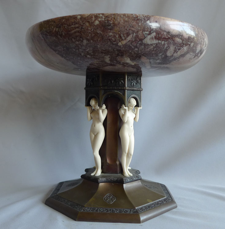 Art Deco Bronze and ivory and marble tazza by Preiss.
