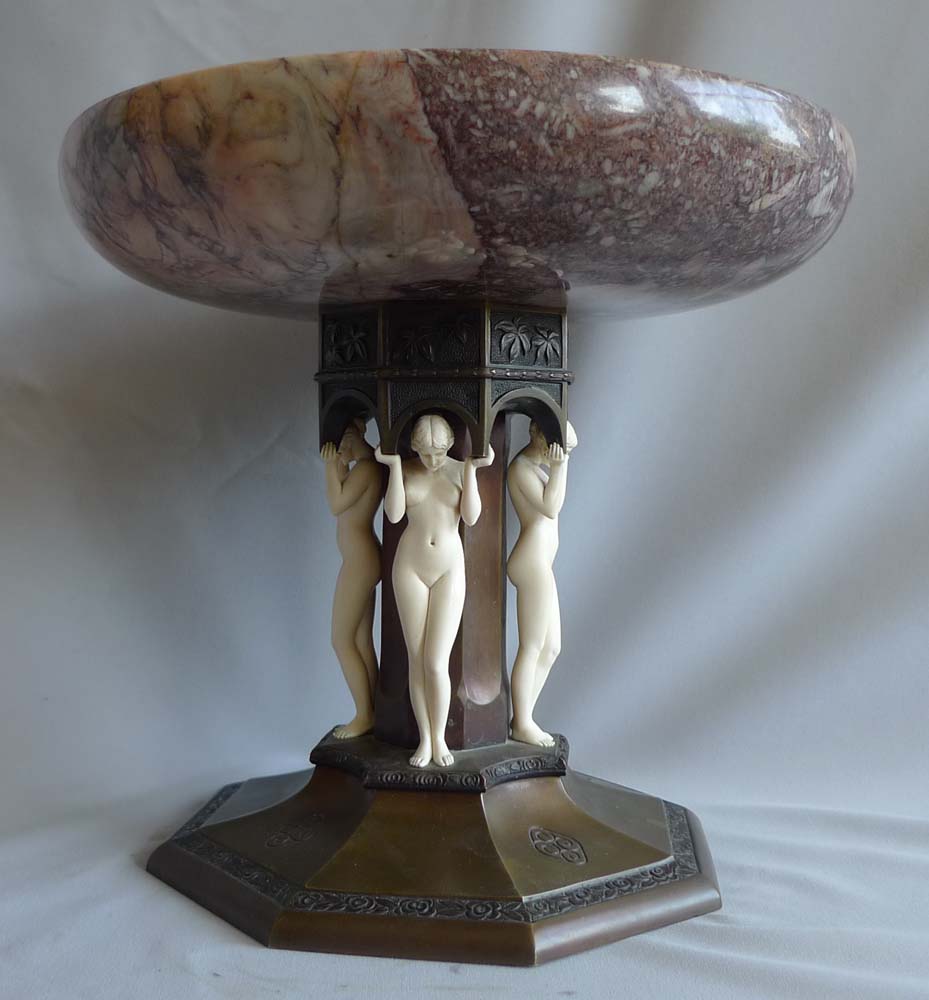Art Deco Bronze and ivory and marble tazza by Preiss.