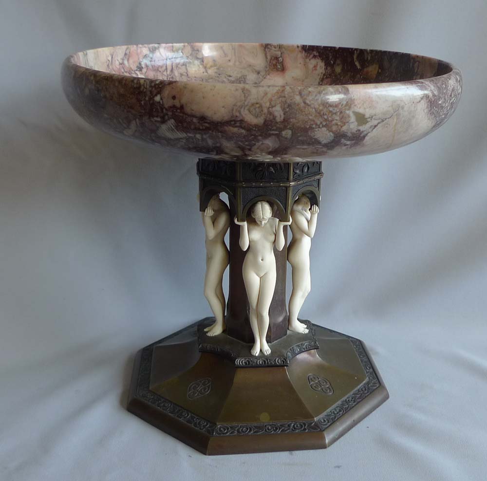 Art Deco Bronze and ivory and marble tazza by Preiss.