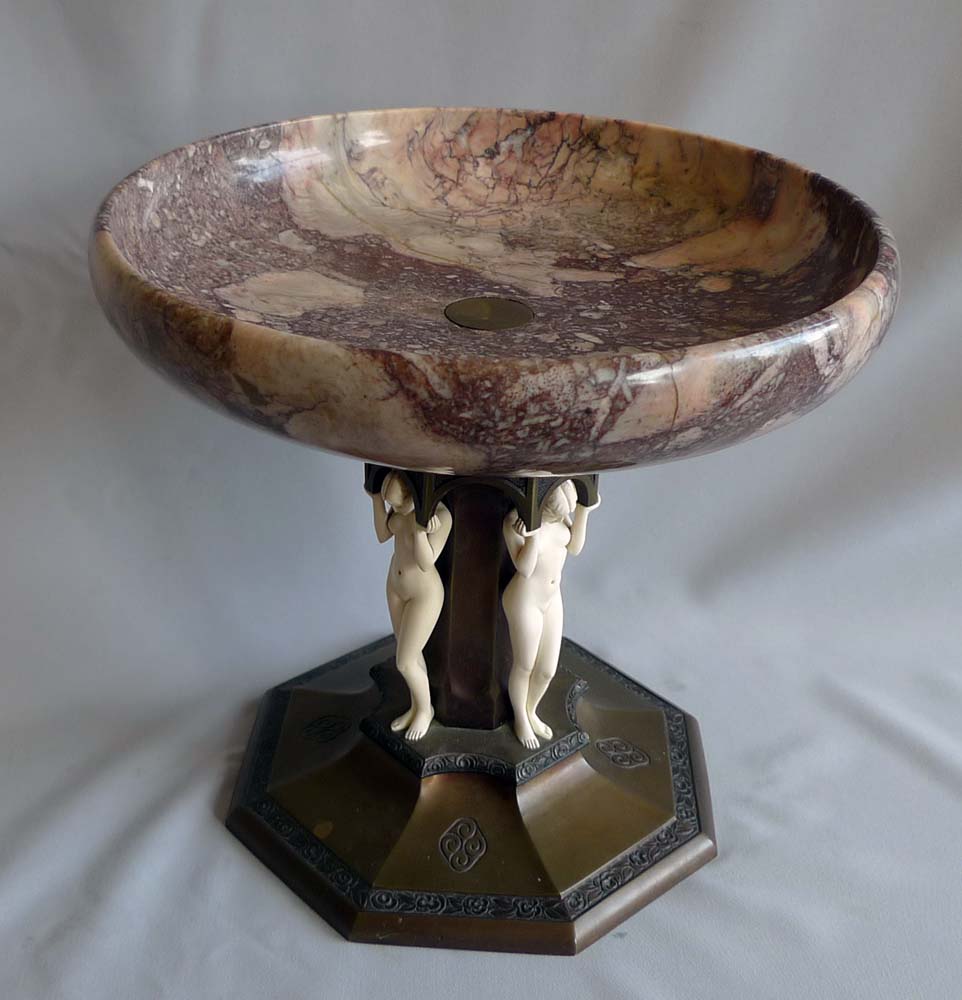Art Deco Bronze and ivory and marble tazza by Preiss.