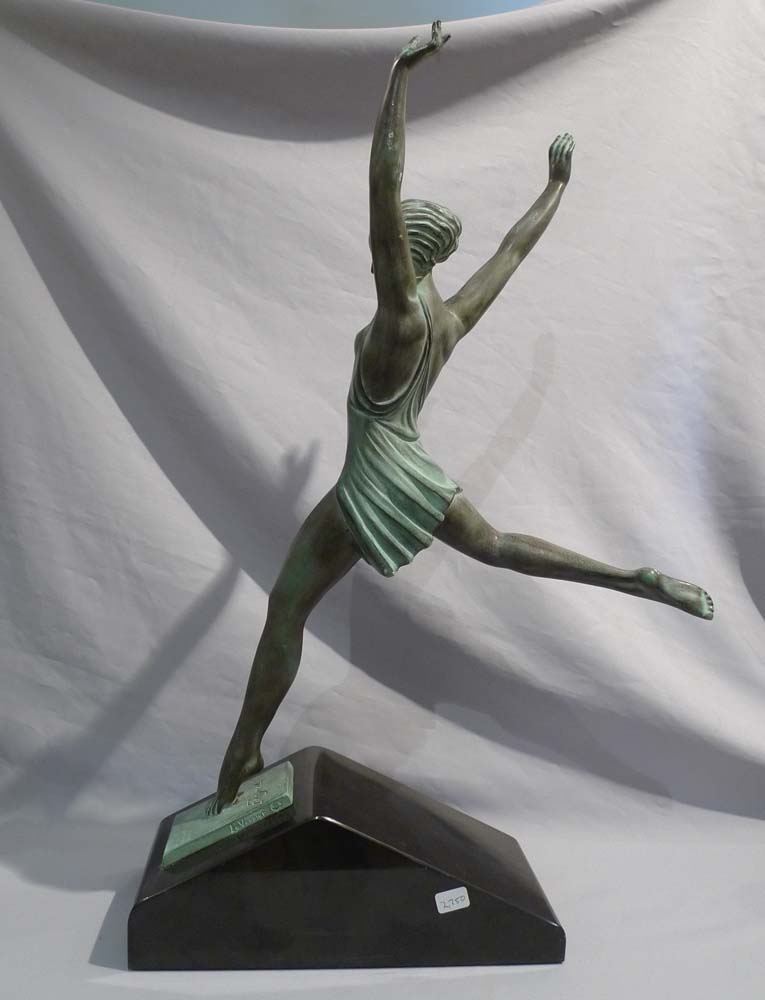 Art Deco green patinated bronze  of a dancer on a marble base.