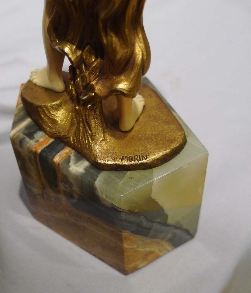 Art Deco bronze and ivory figure on marble base by Morin.