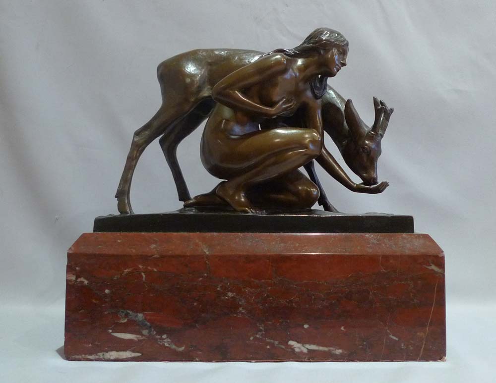 Art Deco Bronze by Eric Schmidt-Kestner of young woman and a deer on rouge marble base