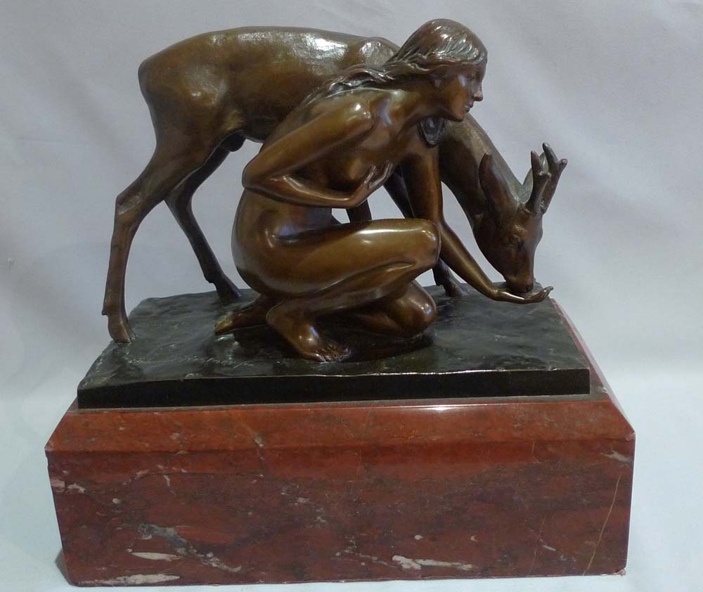 Art Deco Bronze by Eric Schmidt-Kestner of young woman and a deer on rouge marble base