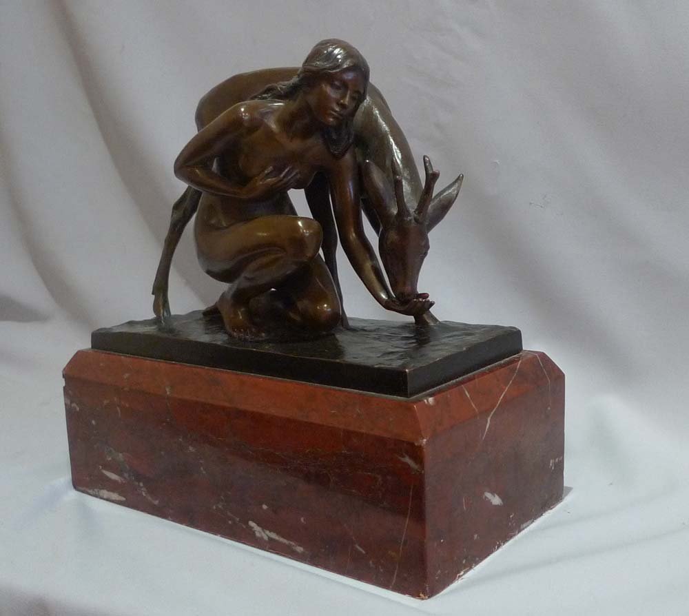 Art Deco Bronze by Eric Schmidt-Kestner of young woman and a deer on rouge marble base