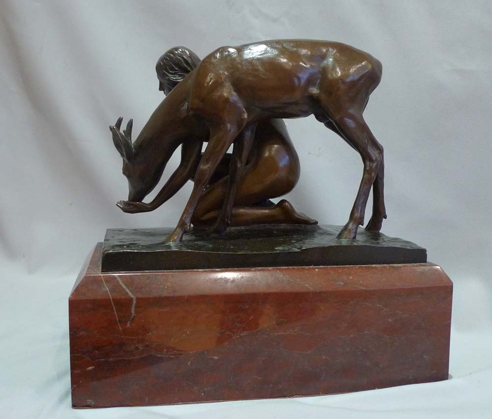 Art Deco Bronze by Eric Schmidt-Kestner of young woman and a deer on rouge marble base