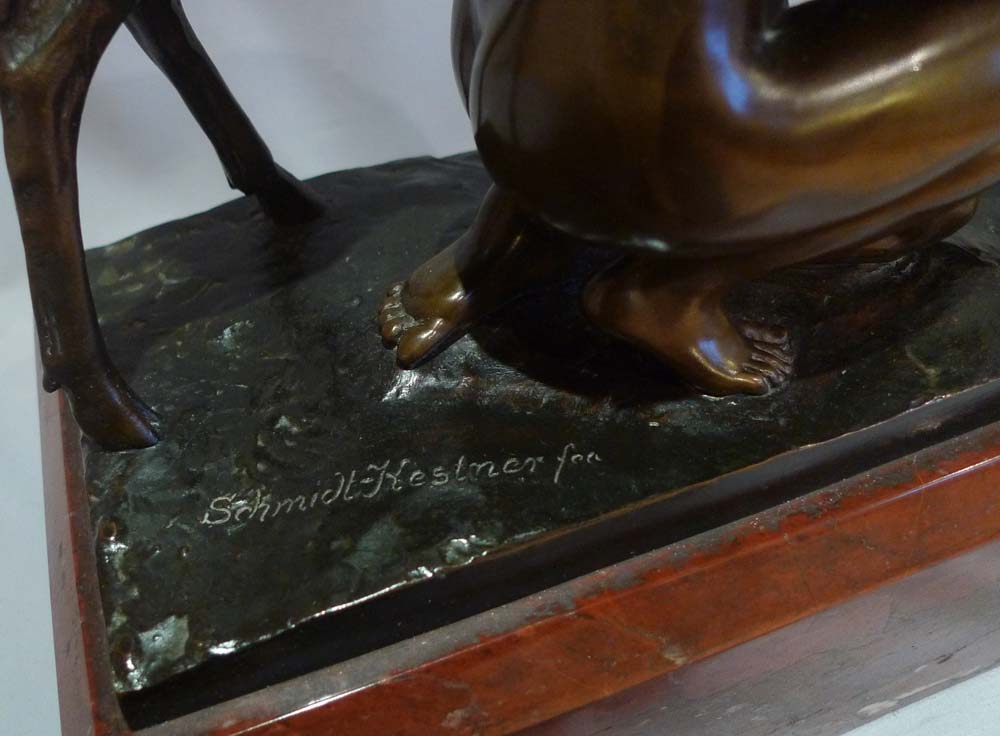 Art Deco Bronze by Eric Schmidt-Kestner of young woman and a deer on rouge marble base