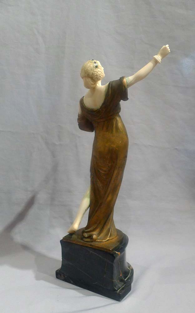 Bronze and ivory Art Deco figure of a dancer on antique vert marble base.