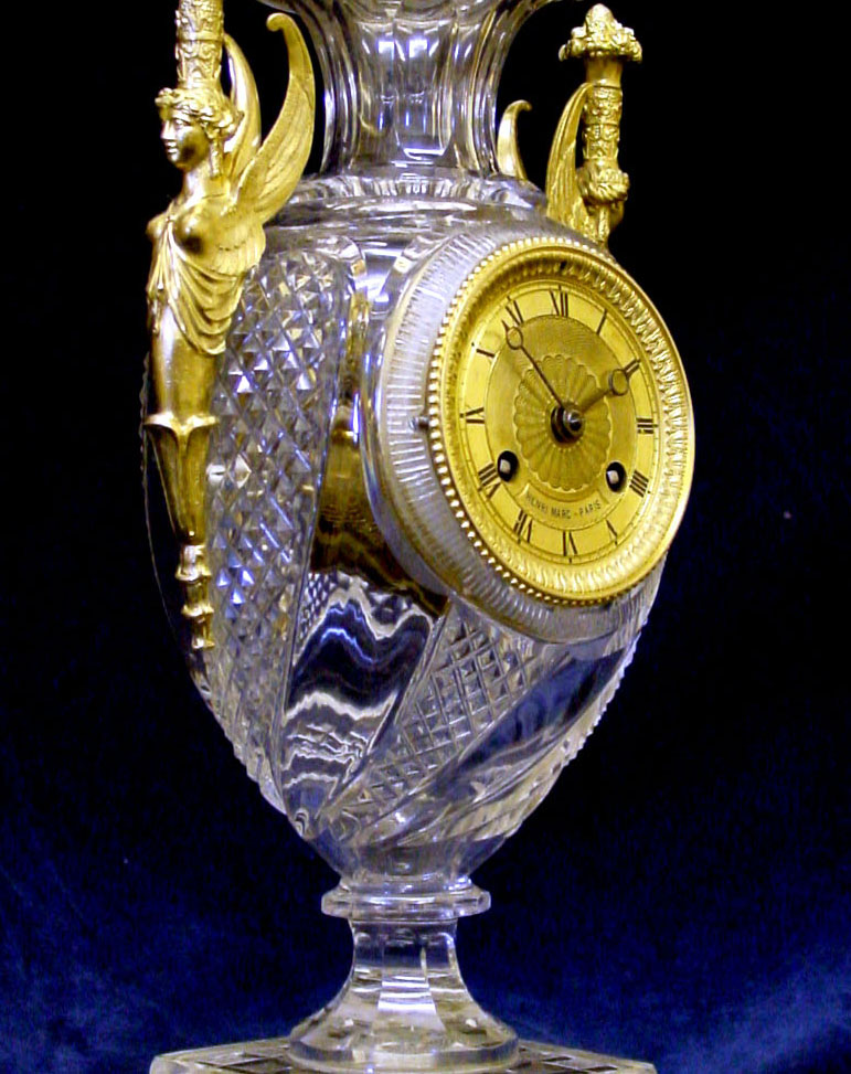Antique French Charles X Bacarrat crystal & ormolu urn clock