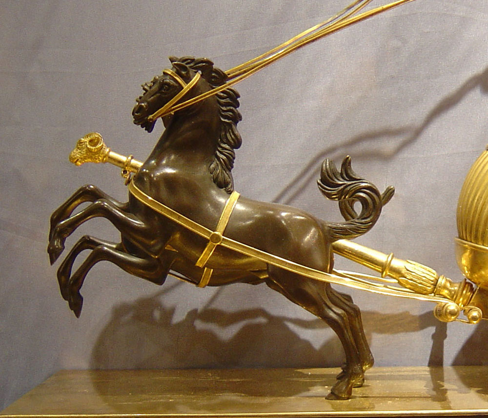 Antique English Regency patinated bronze & ormolu chariot clock