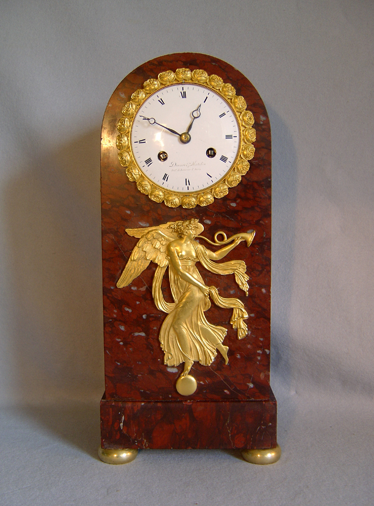 French Empire griotte marble and ormolu mantel clock signed Deniere and Matelin.