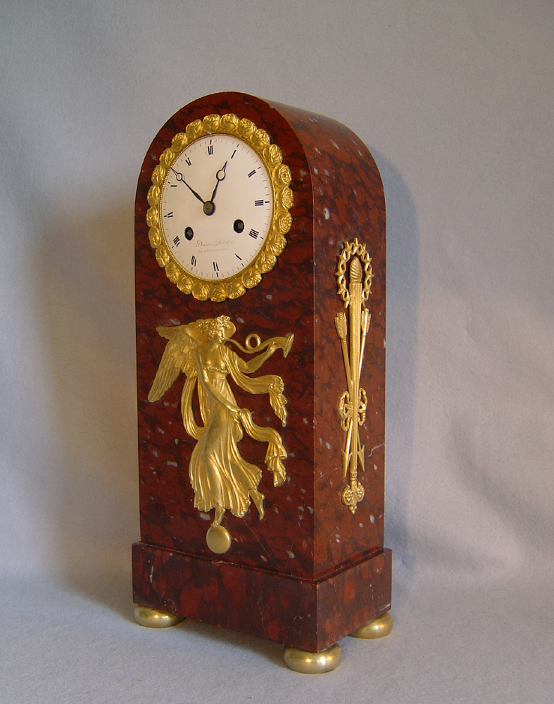 French Empire griotte marble and ormolu mantel clock signed Deniere and Matelin.