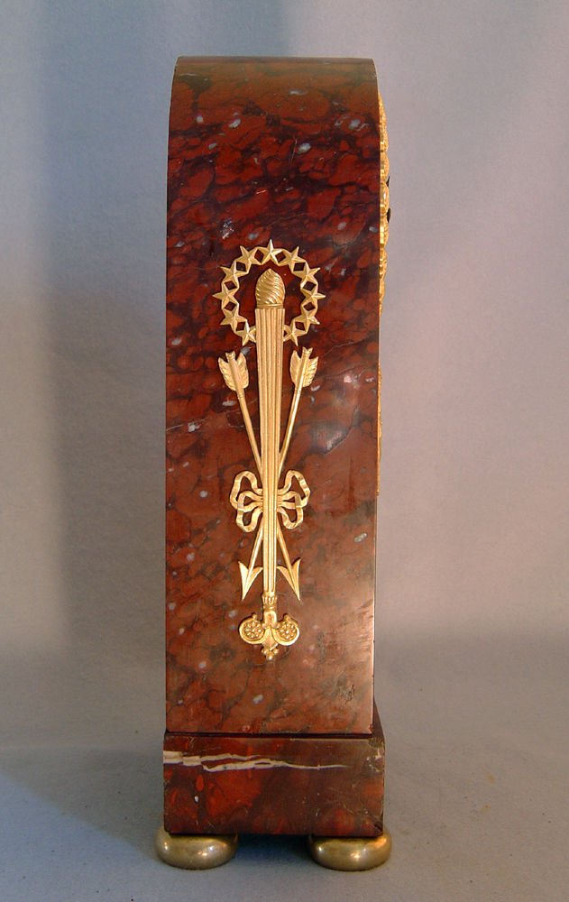 French Empire griotte marble and ormolu mantel clock signed Deniere and Matelin.