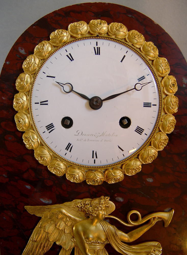 French Empire griotte marble and ormolu mantel clock signed Deniere and Matelin.