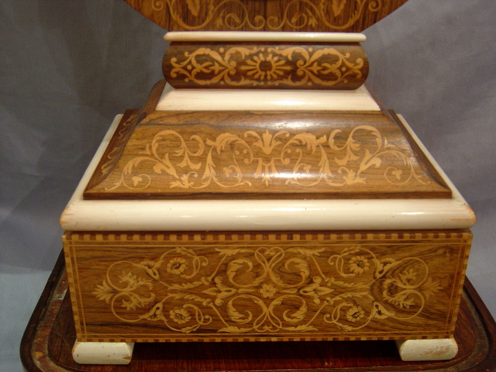 Antique French Louis Philippe Lyre clock in rosewood and marquetry under original glass dome.
