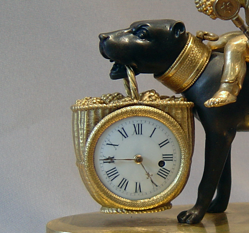 Whimsical French Empire small size dog clock with child.