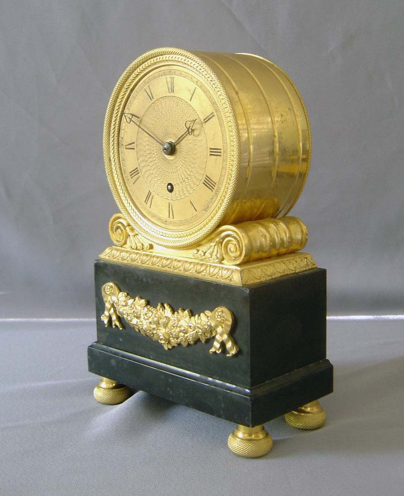 Antique English Regency fusee mantel clock, by Goodhugh Senior in Ormolu and Derbyshire black marble