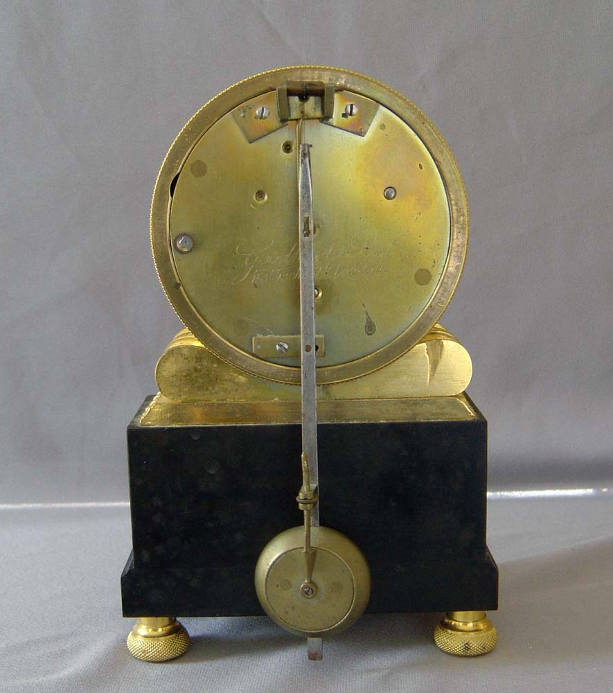 Antique English Regency fusee mantel clock, by Goodhugh Senior in Ormolu and Derbyshire black marble