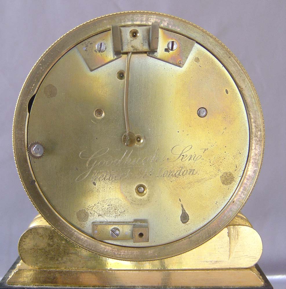 Antique English Regency fusee mantel clock, by Goodhugh Senior in Ormolu and Derbyshire black marble