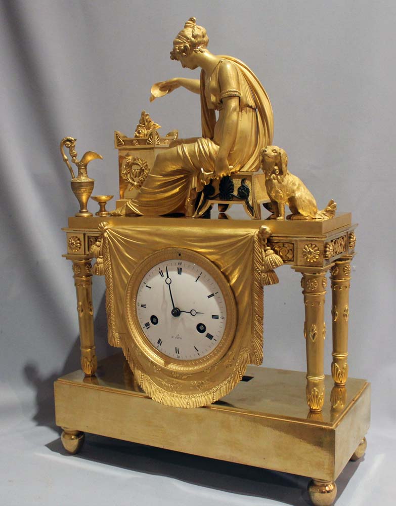 Antique French Empire clock of woman at altar of love 