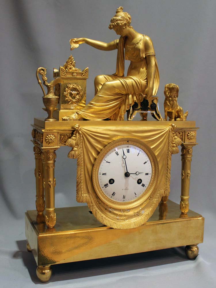 Antique French Empire clock of woman at altar of love 