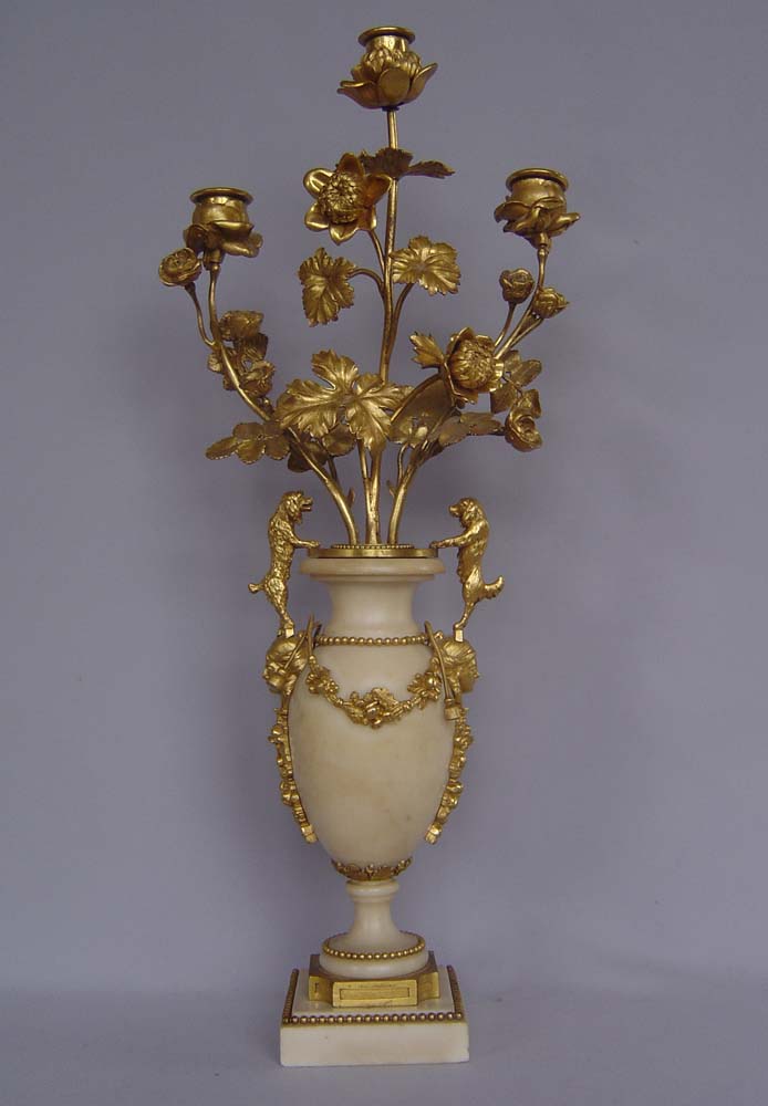 Antique Louis XVI French white marble and ormolu clock set signed Heron a Paris.