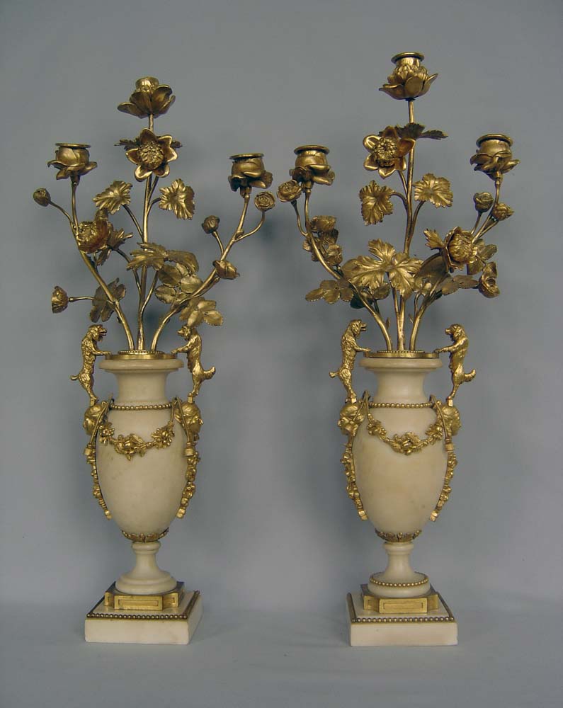 Antique Louis XVI French white marble and ormolu clock set signed Heron a Paris.