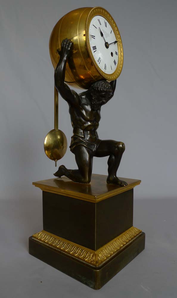 English Regency antique mantel clock,  Atlas holding the world signed Bentley and lBeck 1292.