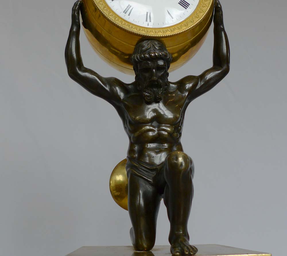 English Regency antique mantel clock,  Atlas holding the world signed Bentley and lBeck 1292.