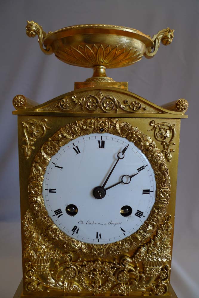Antique French Empire ormolu clock signed Charles Oudin.