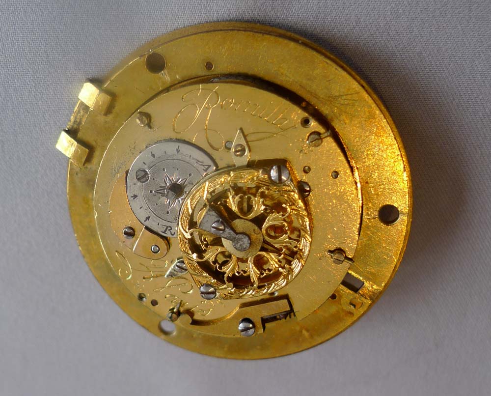 French Empire antique ormolu miniature mantel clock signed Romilly.