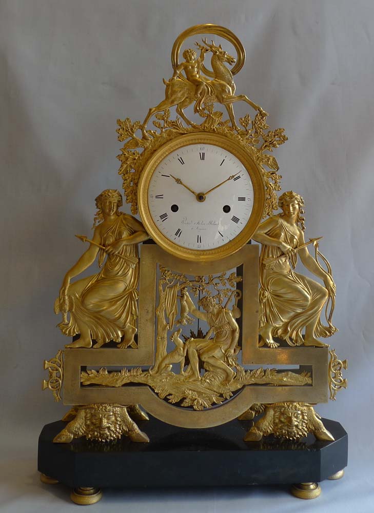 Antique French Directoire black marble and ormolu clock Diana the huntress from Mainz in Germany.